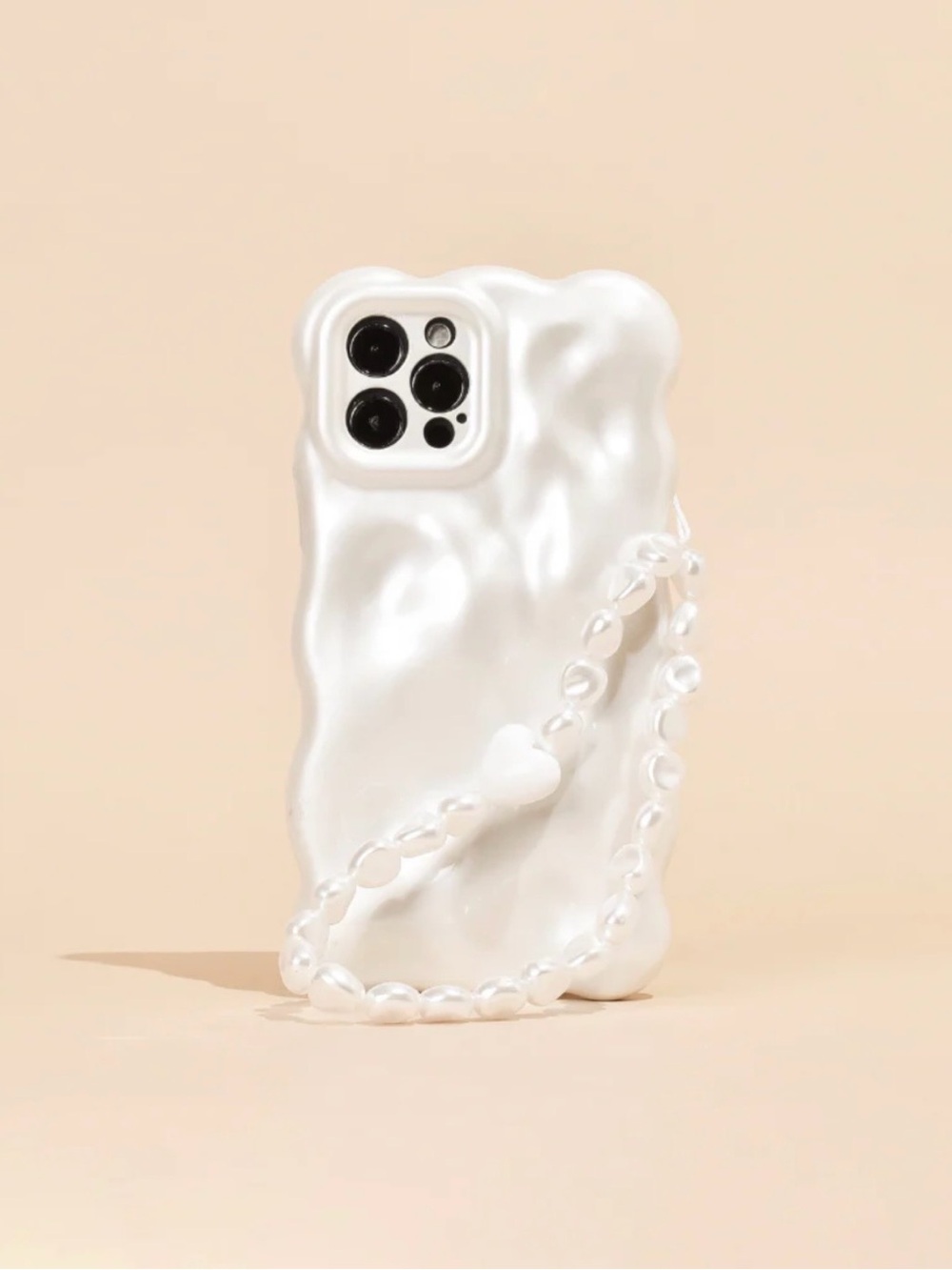 Pearl White Waved Phone Case w/ Wrist Strap- Fashionable Protective Cover